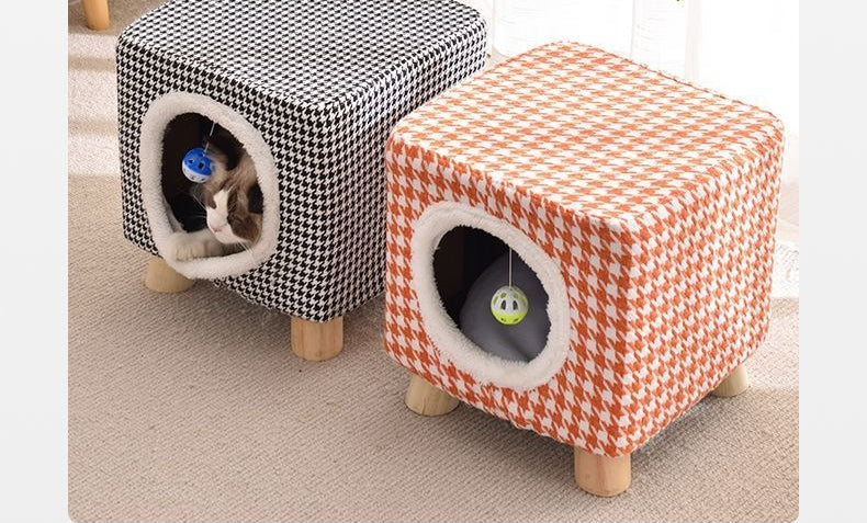 Solid Wood Cat Nest Stool Storage for People and Cats Sharing Cat Supplies Little Kitten House House Four Seasons Warm Cat and Dog Tent