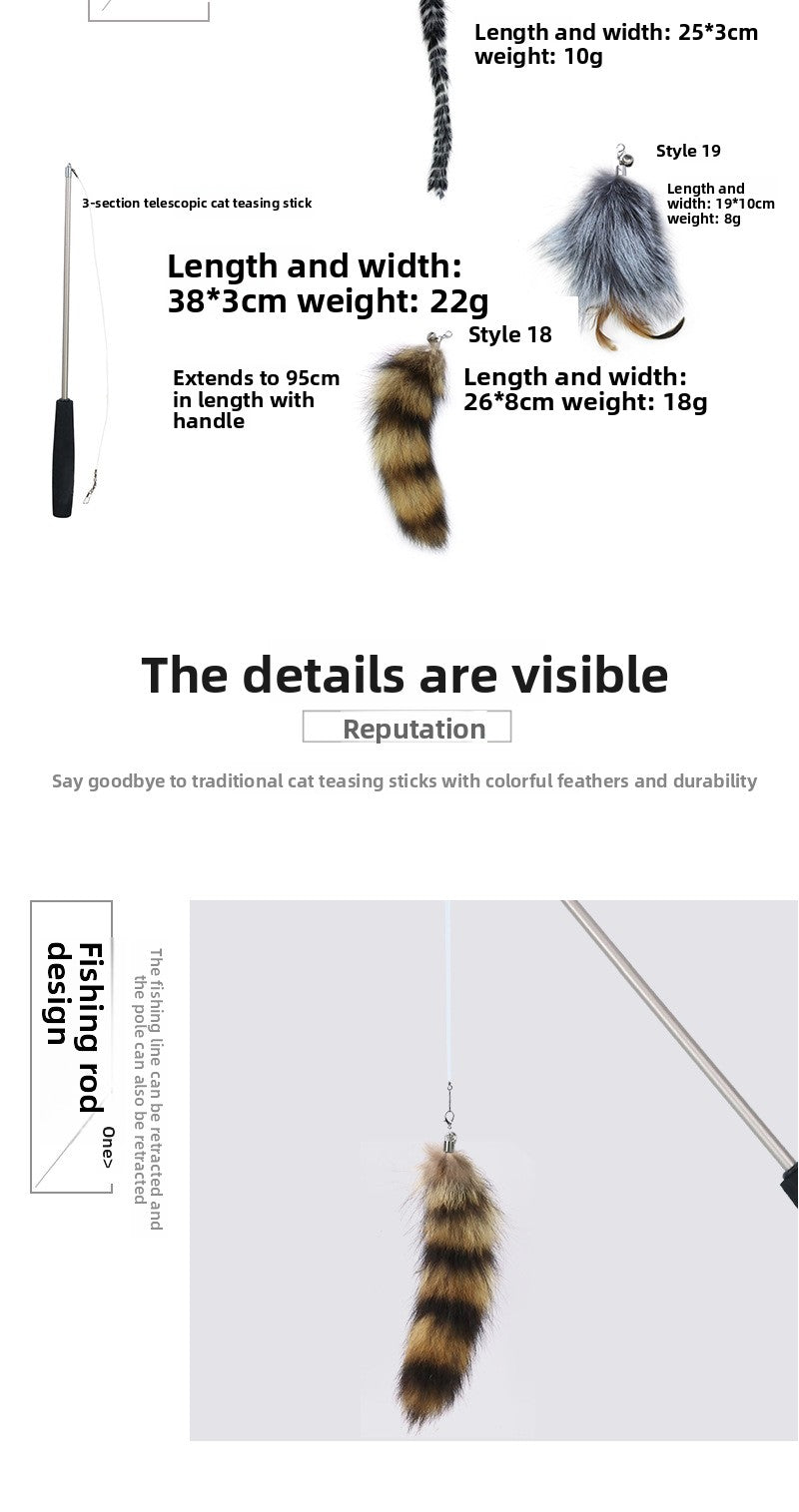 Three-Section Telescopic Feather Cat Toy Teaser Wand Replaceable Head Set