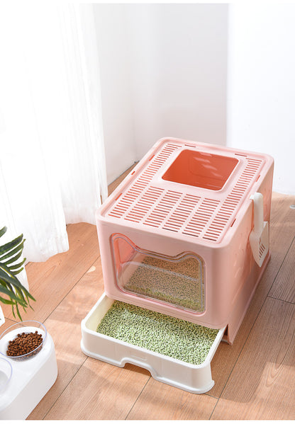 Large Foldable Pet Litter Box with Drawer Top Entry