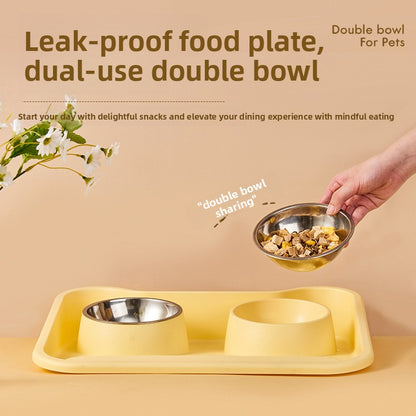 Stainless Steel New Cat Dog Double Bowl Large Diameter Leak Proof Pet Feeder