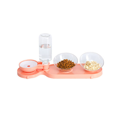 Elevated Cat Food Bowl 3 in 1 Automatic Water Feeder Tilted Design for Neck Relief Slow Feeding Transparent Double Pet Bowl for Cats and Small Dogs