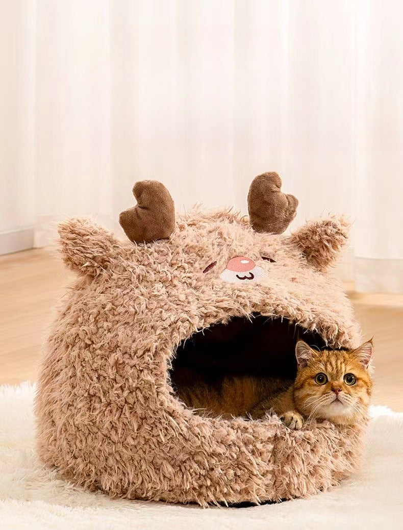 Pet Cat Nest Enclosed Sleeping Nest Dog Nest Winter Warm Mongolian Yurt Plush Animal Style Cute Adorable Pet Fleece Nest