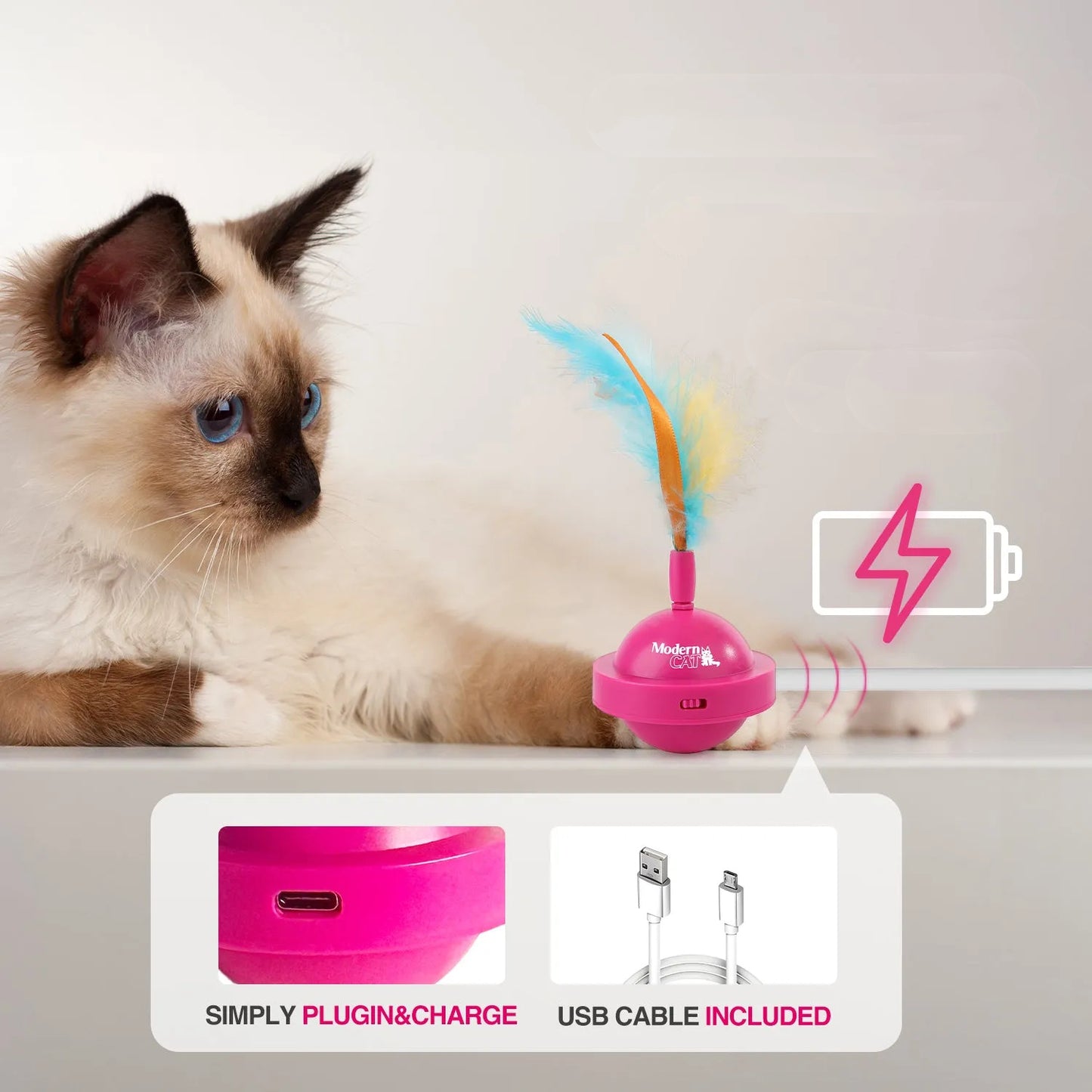 USB Rechargeable Cat Ball Toy 360-Degree Rotating Feather Ribbon Teaser