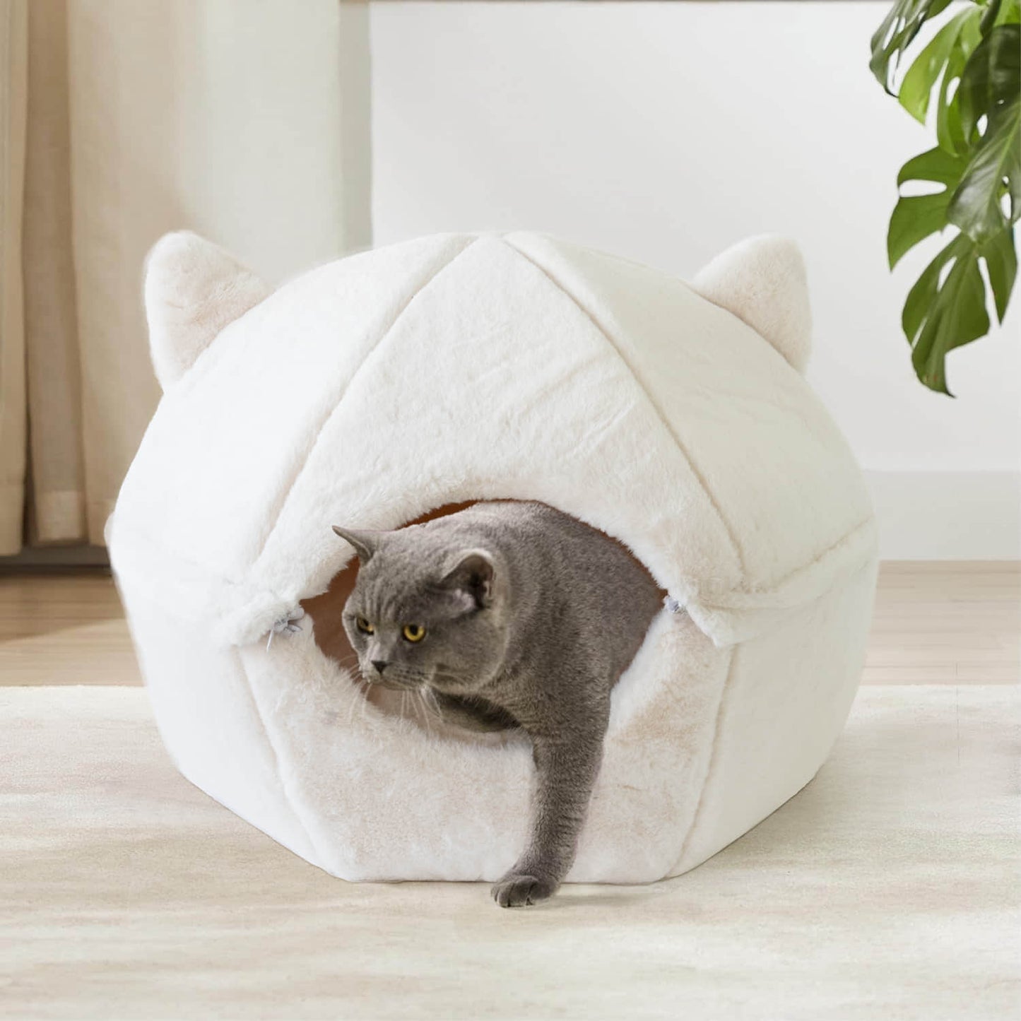 Detachable Foldable Cave Cat Bed Featuring Double Zipper Soft Fur Pad
