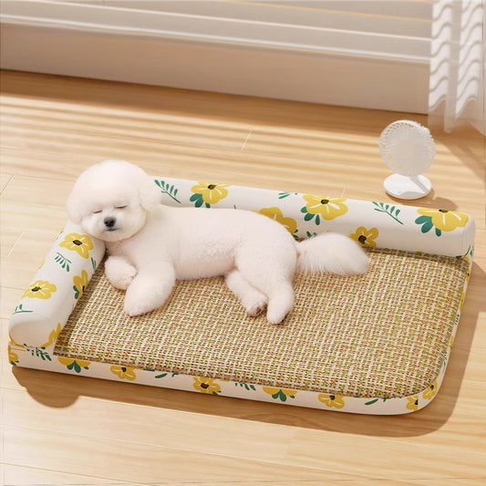 Elevated Cooling Dog Bed Summer Gel Cooling Mat with Neck Protection Removable Washable Cover Thickened Pet Bed for Medium Large Dogs Cats