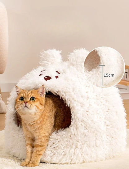 Pet Cat Nest Enclosed Sleeping Nest Dog Nest Winter Warm Mongolian Yurt Plush Animal Style Cute Adorable Pet Fleece Nest