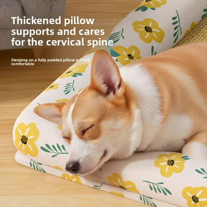 Elevated Cooling Dog Bed Summer Gel Cooling Mat with Neck Protection Removable Washable Cover Thickened Pet Bed for Medium Large Dogs Cats